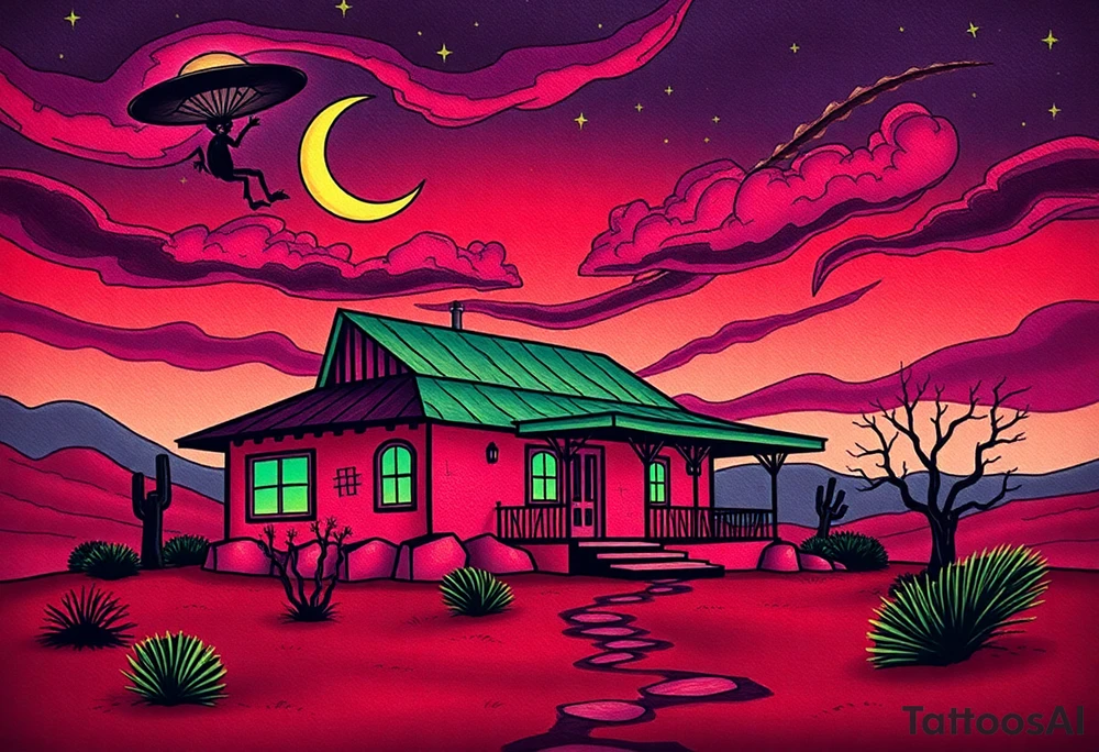 Tim Burton’s haunted desert bungalow is abandoned and dripping with muted reds, dusty pinks, and eerie green glow.purple and cyan smokey clouds swirl in the crescent moonlit sky thats sprinkled with stars tattoo idea tattoo idea