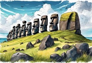 Four Easter island heads on an island landscape with hawks circling above tattoo idea