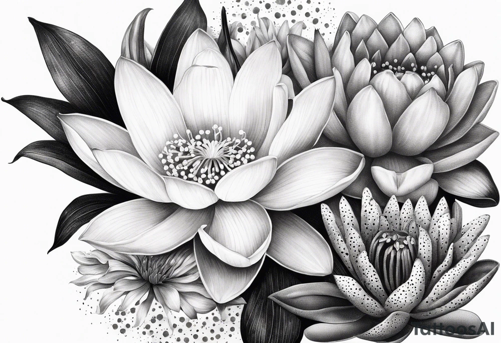 Water Lily, Lily of the Valley, Narcissus, and Gladiolus bouquet for vase tattoo idea