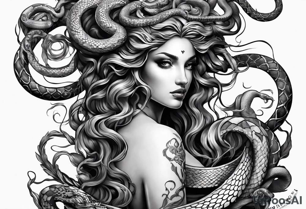arm tattoo of Medusa as a statue with snakes for hair tattoo idea