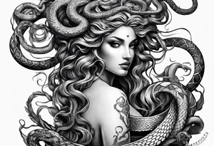arm tattoo of Medusa as a statue with snakes for hair tattoo idea