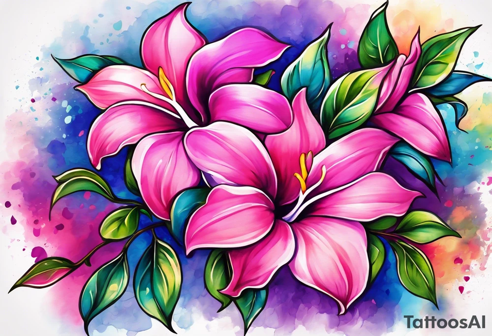 brushstroke abstract pink, purple, and blue mandevilla flowers on a vine, with color leaking out into the background. SOme of the flowers should be full color, and some just linework. It should have a handdrawn, sketch feel. tattoo idea