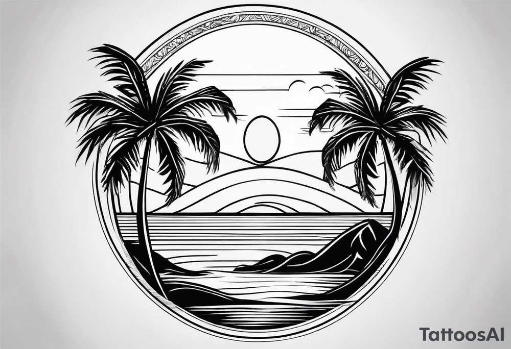 palm tree front of a sun and waves tattoo idea