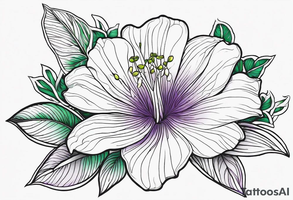 An outline of a rio dipladenia flower with a green and purple background tattoo idea