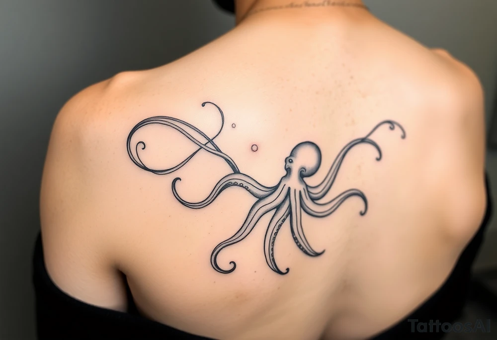 abstract tattoo design, flowing black fine lines, elegant minimalistic linework, psychedelic swirls like gasoline or oil floating on water, iridescent texture implied but in pure  grey ink, delicate organic curves, vapor-like trails, non-literal and surreal, suggestion of an octopus hidden in fluid tentacle-like lines, not a real octopus, just subtle illusion, abstract marine motion, with minimalist seamlessly integrated into the flowing pattern, modern feminine tattoo style, graceful and airy, inspired by Pis Saro and Balazs Bercsenyi, hint of nature and ocean depth, hypnotic and dreamlike, ink diffusion aesthetics, no solid fills, ethereal line-only design tattoo idea
