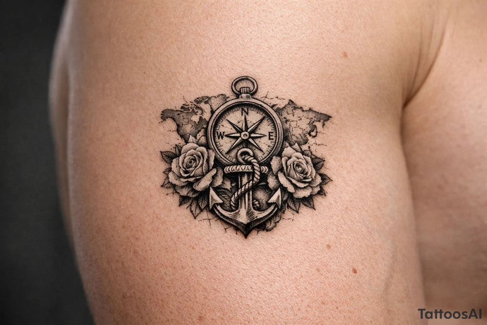 a compass under it an anchor, roses,world map. tattoo idea