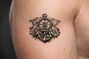 a compass under it an anchor, roses,world map. tattoo idea
