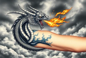 fierce dragon breathing iridescent fire against stormy skies tattoo idea