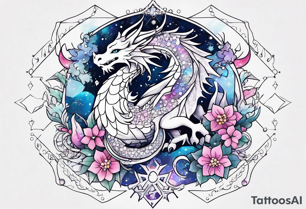 Constellation, kawaii dragon, snowflake tattoo idea
