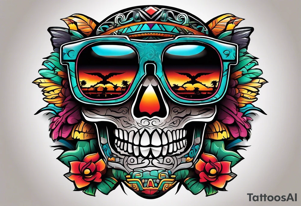 Colorful ancient Mayan hieroglyph wearing sunglasses reflecting Chichen itza and bats tattoo idea