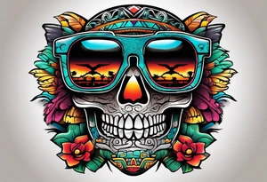 Colorful ancient Mayan hieroglyph wearing sunglasses reflecting Chichen itza and bats tattoo idea