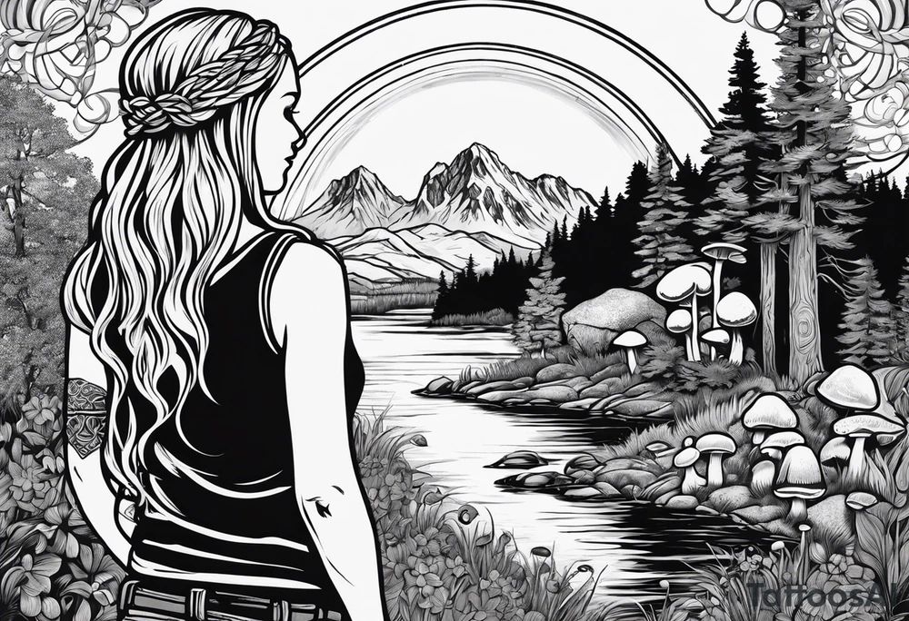 Whole picture encircled fully

Straight long blonde hair hippie girl in distance holding mushrooms in hand facing away toward mountains and creek surrounded by mushrooms long sleeve shirt and hiking pants; whole rendering within a full celtic circle, no cut off circle tattoo idea