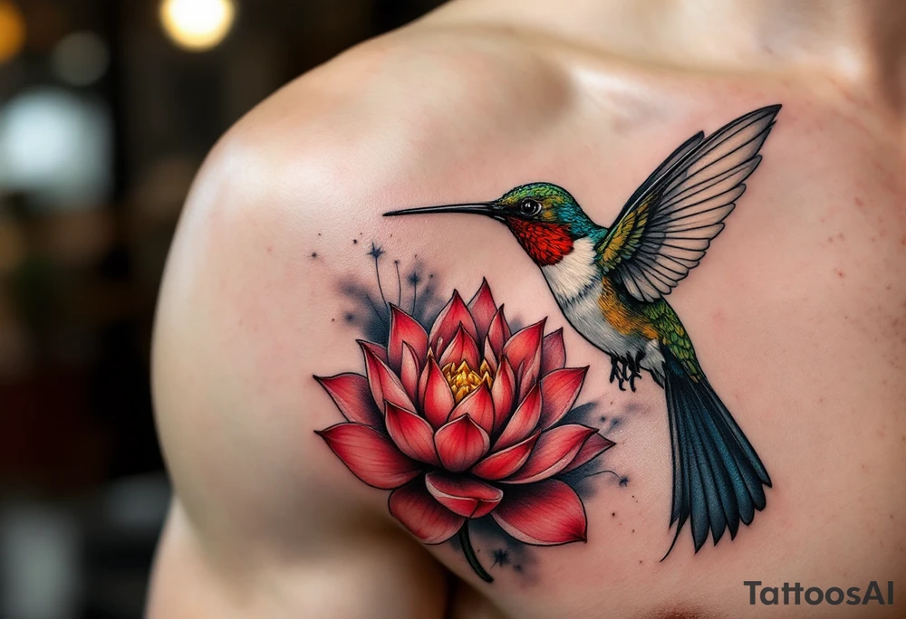 a hummingbird drinking from an egyptian lotus (red and black) tattoo idea
