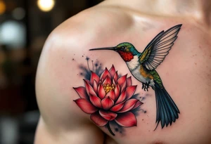a hummingbird drinking from an egyptian lotus (red and black) tattoo idea
