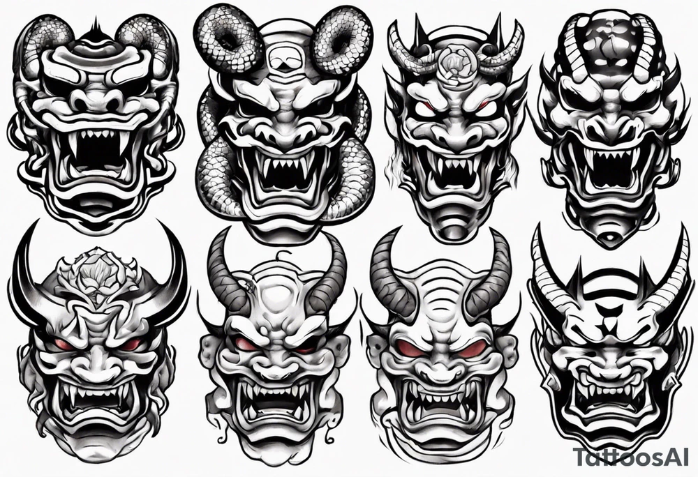 snake biting oni mask tattoo idea