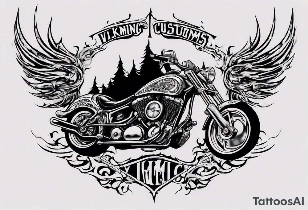 I want a detailed tattoo of a motorcycle surrounded by flames with the company name “Viking Customs” incorporated in the design tattoo idea
