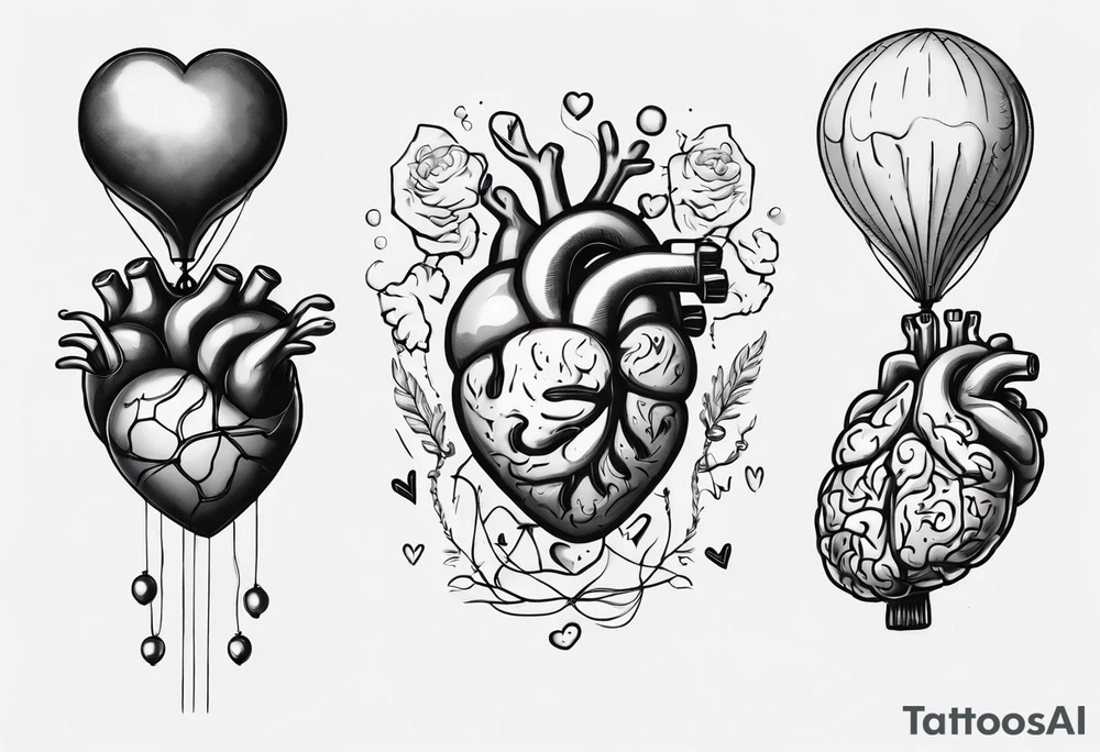 Woman's hand holding balloons tied to string, balloons in shape of anatomical heart and an anatomical brain tattoo idea
