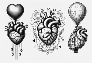 Woman's hand holding balloons tied to string, balloons in shape of anatomical heart and an anatomical brain tattoo idea