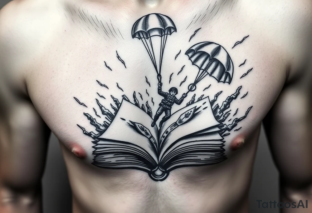 A parachuting soldier landing into an open book. Chaos surrounding, but the book is protecting the soldier from it. On the chest. Make the tattoo smaller. Make it thought provoking. Make the chaos in the environment be a thunderstorm. Make the pages in the book be blank and the book be decorated tattoo idea