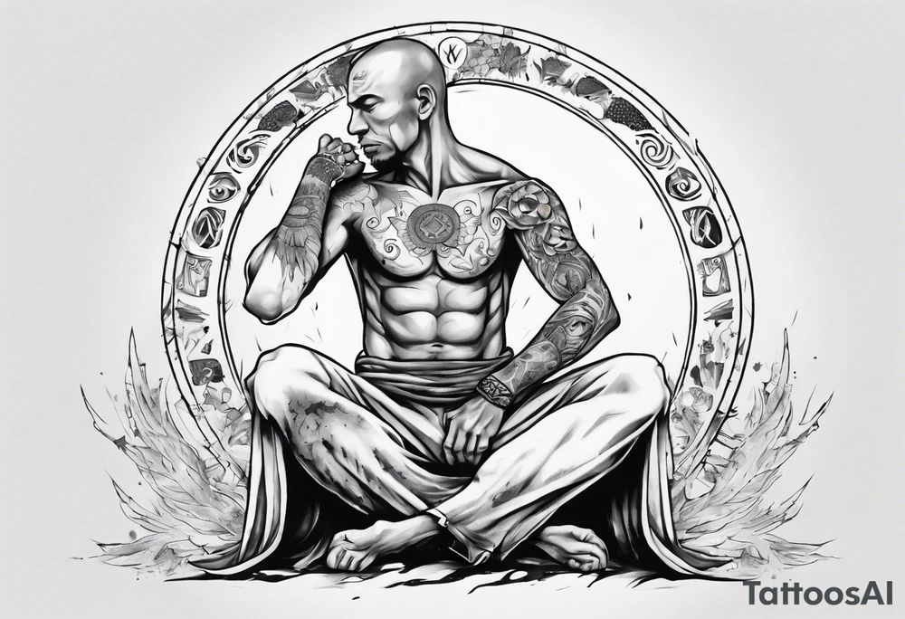 Peaceful warrior kneeling with the world on his shoulders. Peaceful tattoo idea Peaceful warrior kneeling with the world on his shoulders. Peaceful tattoo idea