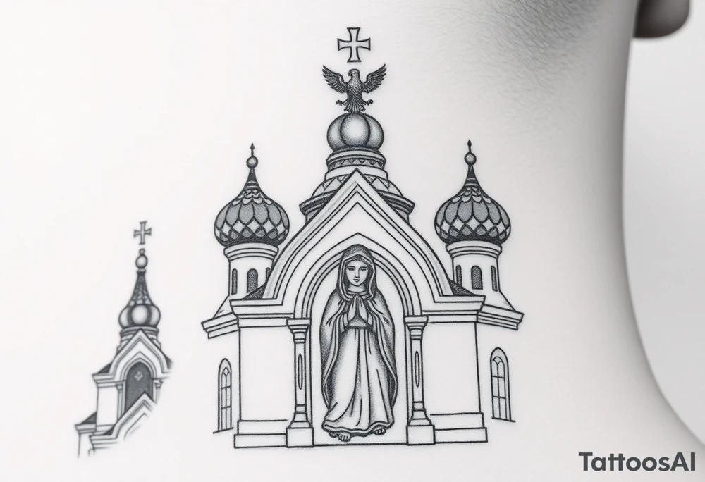 Flowing Scene

A onion domes orthodox church
Virgin Mary in prayer pose on the front doors of the russian orthodox church 
A small double headed russian coat of arms eagle or just the star tucked above the dome near the hairline tattoo idea