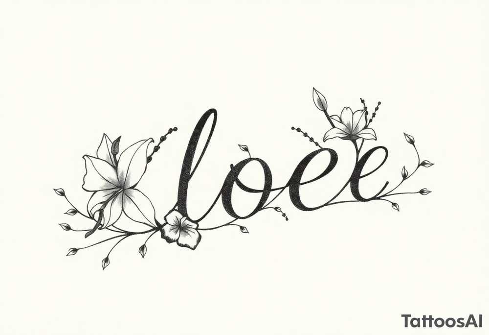 The word Kloee surrounded by big
lilies with the vines in letters tattoo idea
