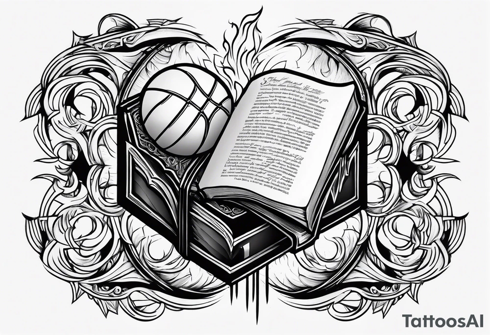 Basketball wit flames around it and a bible verse about ambition and flames going down the sleeve tattoo idea