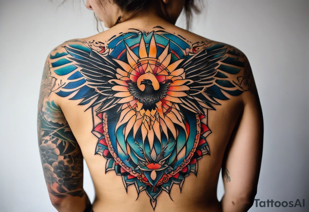 Wide tattoo that appears to be bursting out of the skin, symbolizing freedom. The tattoo should be vibrant and dynamic, with bold lines and colors that evoke a sense of liberation and empowerment. Consider incorporating elements such as broken chains, or other symbols of freedom. The tattoo should be visually striking and thought-provoking, inviting the viewer to reflect on the importance of personal freedom. tattoo idea