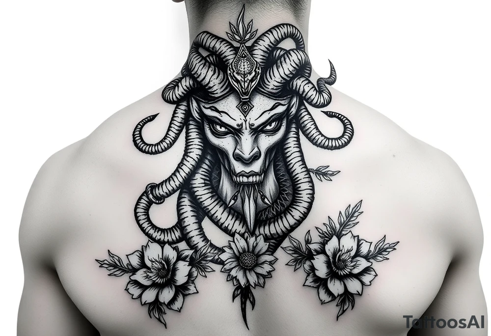 African American Medusa with snakes and flowers tattoo idea
