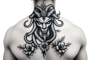 African American Medusa with snakes and flowers tattoo idea