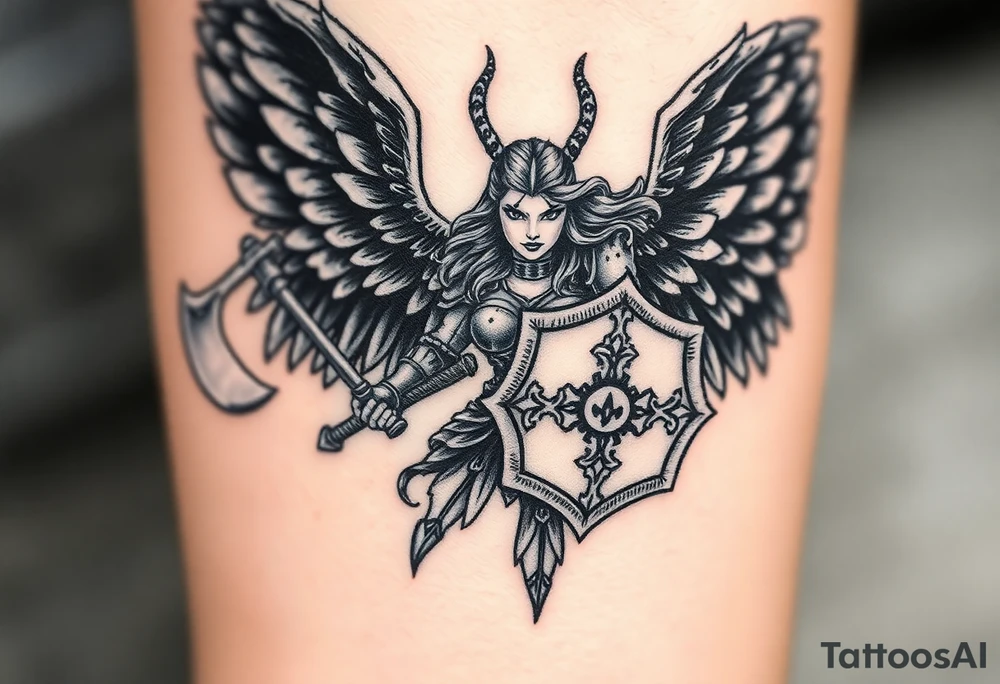 A fierce looking Valkyrie with very big dark wings. The whole body should be visible. 
She's wielding a menacing axe and a sturdy shield with a vegvisir symbol. 

Her face is really attractive but screaming with battle rage.

She's heavily armored and ready for battle tattoo idea