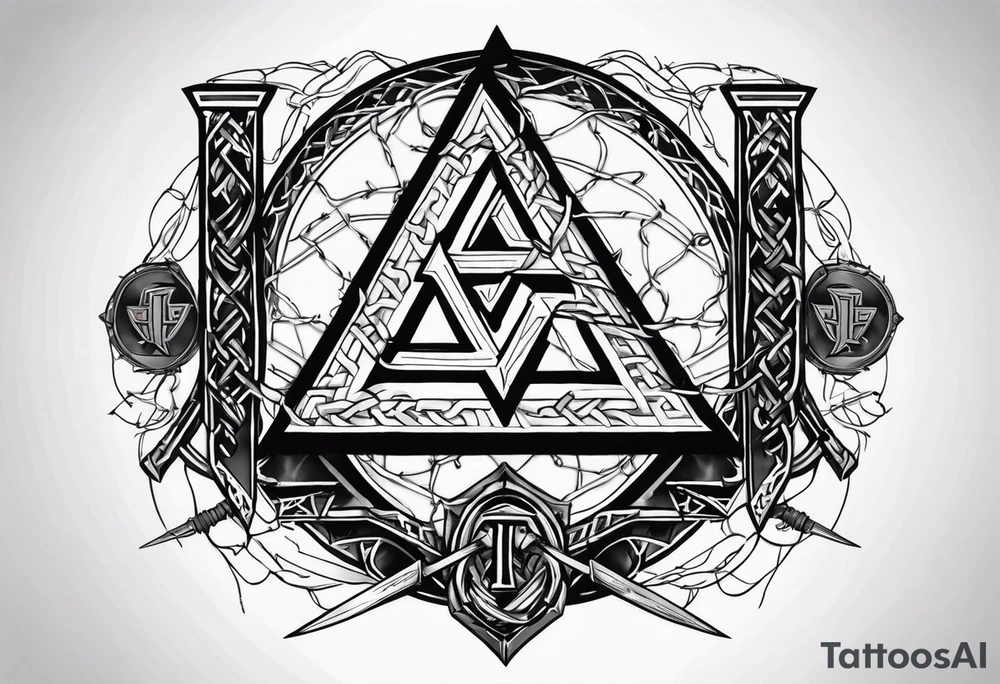 Valhalla valknut shield sword axe barbed wire tattoo idea