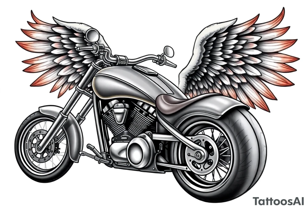 Low rider grey motorcycle, big muffler pipes with flames, angel wings, driving away, no person tattoo idea