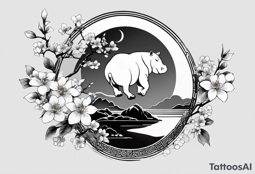Asymmetrical, geometric, chinese ink art touch, hippo , full moon, wintersweet flower, light , modify from my favourite, s-shape tattoo idea