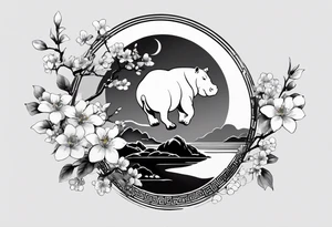 Asymmetrical, geometric, chinese ink art touch, hippo , full moon, wintersweet flower, light , modify from my favourite, s-shape tattoo idea