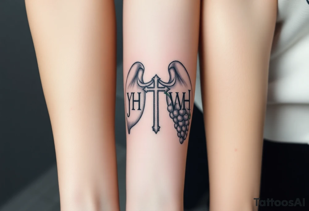 Initials "YH WH" in lungs with cross and grape on vine tattoo idea