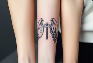 Initials "YH WH" in lungs with cross and grape on vine tattoo idea