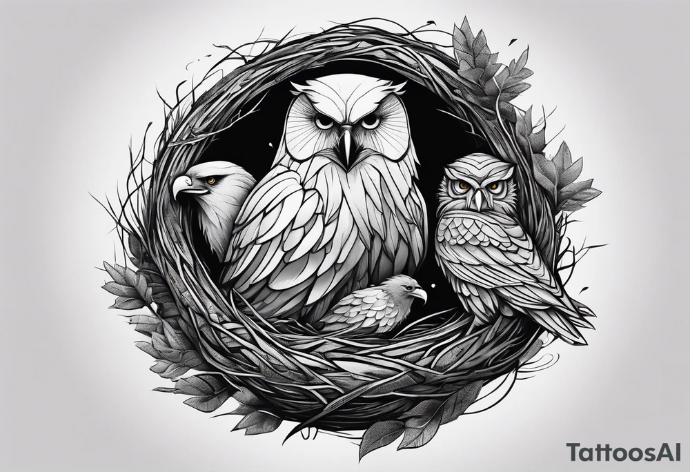 Owl, raven, eagle cuddled in a nest, birdseye view tattoo idea