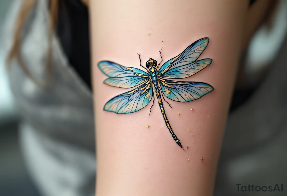 A highly detailed dragonfly with translucent wings in shades of blue, teal, and silver, catching the light with a subtle iridescent shimmer. Its body is adorned with fine gold detailing, and a trail of tiny glowing stars follows its flight, symbolizing change and resilience. tattoo idea