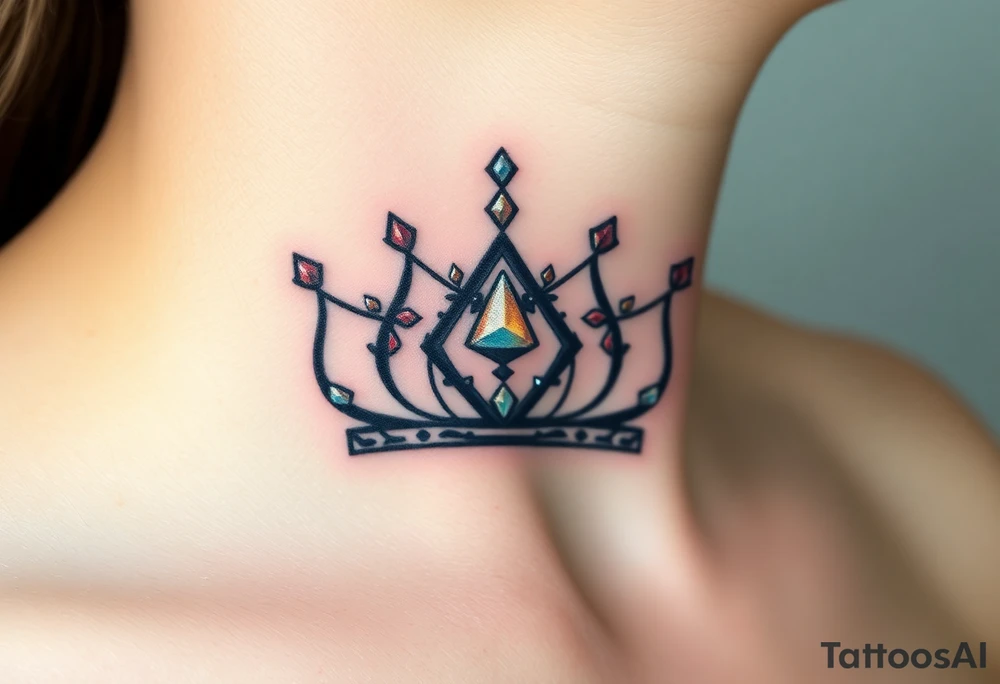 crown with a diamond-shaped gem in the center, rendered in simple black outlines with subtle metallic touches of silver and diamond-like glimmers tattoo idea