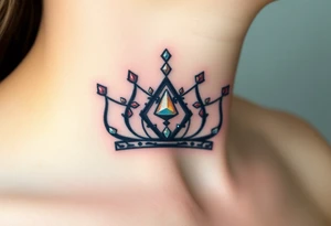 crown with a diamond-shaped gem in the center, rendered in simple black outlines with subtle metallic touches of silver and diamond-like glimmers tattoo idea