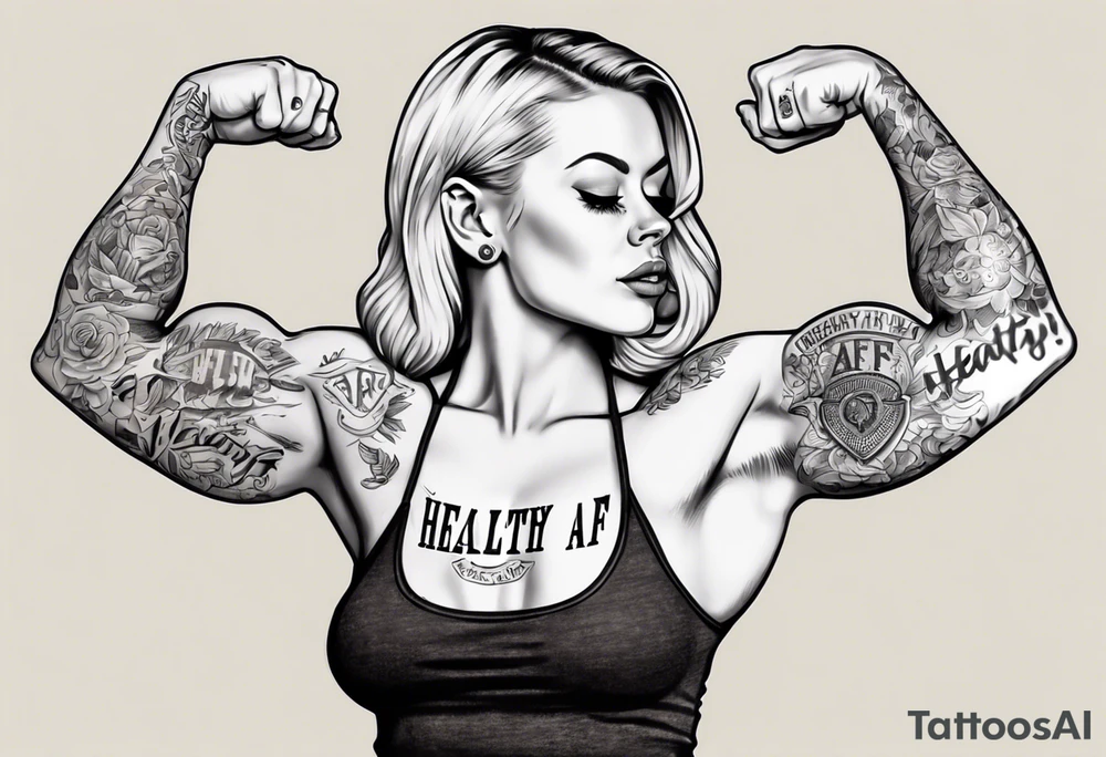 Blonde tattooed woman flexing her biceps with the words healthy AF in a banner tattoo idea