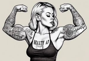 Blonde tattooed woman flexing her biceps with the words healthy AF in a banner tattoo idea