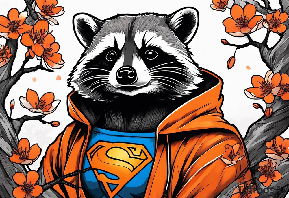 raccoon wearing a black and white Superman hoodie and orange Japanese cherry blossoms tattoo idea