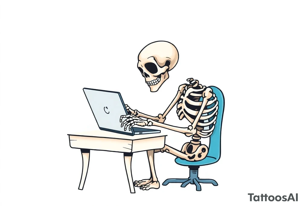 skeleton working at a desk with a laptop tattoo idea