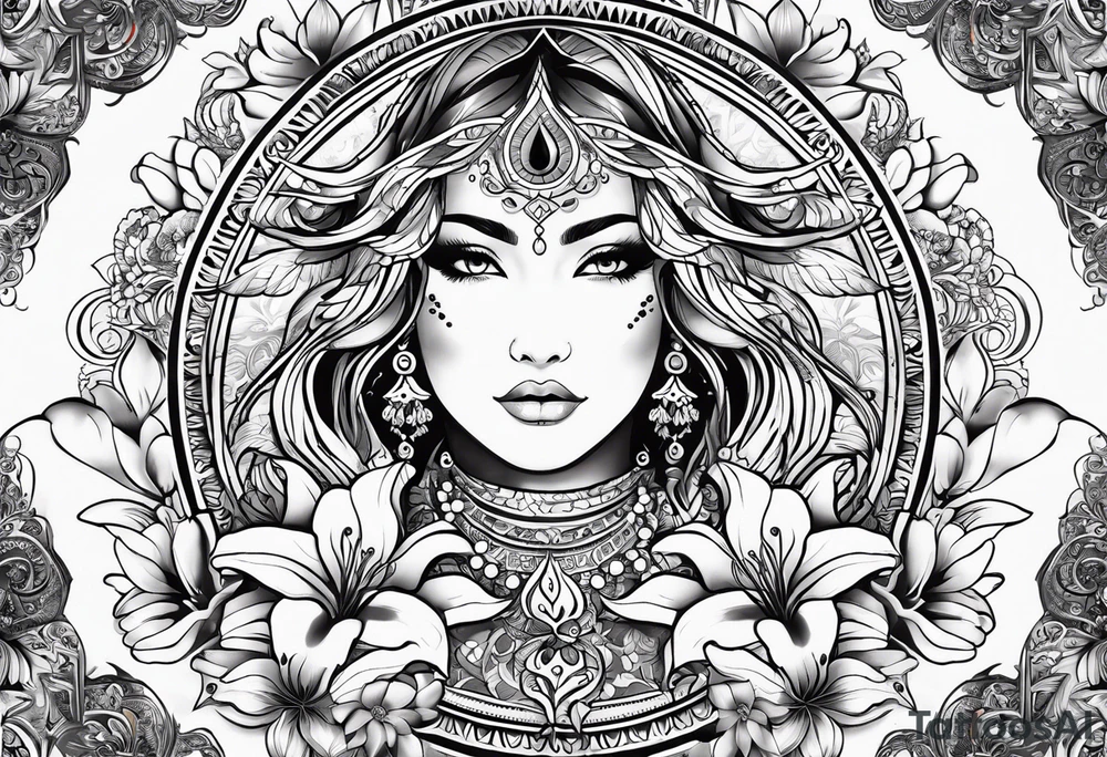 Feminine sleeve tattoo, tribal, bohemian, negative lace, ancient symbolism with Phoenix rising, mandala sun, beautiful flowers, lilies tattoo idea