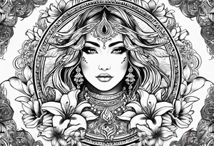 Feminine sleeve tattoo, tribal, bohemian, negative lace, ancient symbolism with Phoenix rising, mandala sun, beautiful flowers, lilies tattoo idea