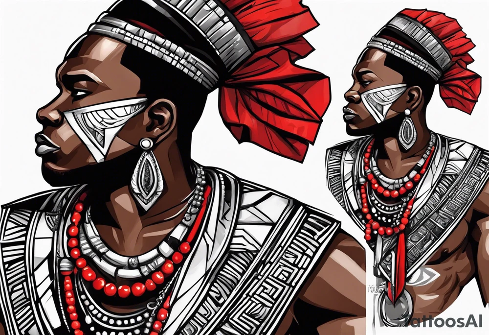 african warrior with a small silver crown and a red necklace tattoo idea