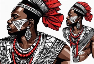 african warrior with a small silver crown and a red necklace tattoo idea