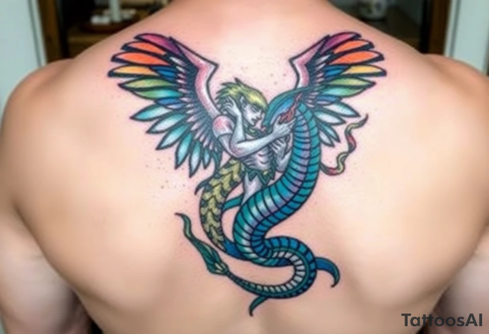Please create a stained glass style tattoo design featuring an angel and a sea serpent battling each other. The angel should be depicted with dynamic wings and armor, and the sea serpent should have fiery breath and a menacing appearance. Both should be designed in a classic stained glass style, with bold black outlines and vibrant, rich colors. The design should reflect the detailed, intricate patterns typical of stained glass art, giving it a bold and striking visual effect tattoo idea